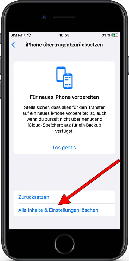 Zurücksetzen menu iOS