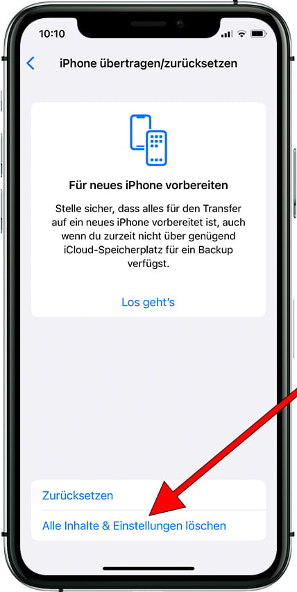 Zurücksetzen menu iOS