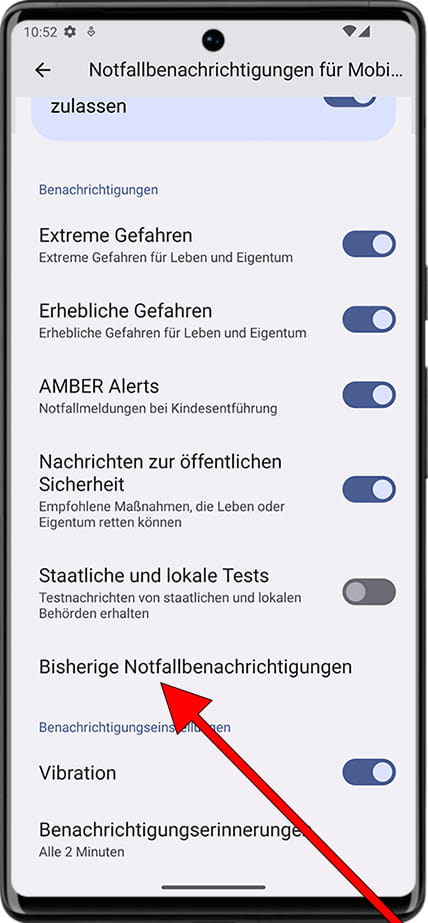 Bisherige Notfallbenachrichtigungen Android