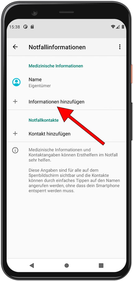 Notfallinformationen Android hinzufügen